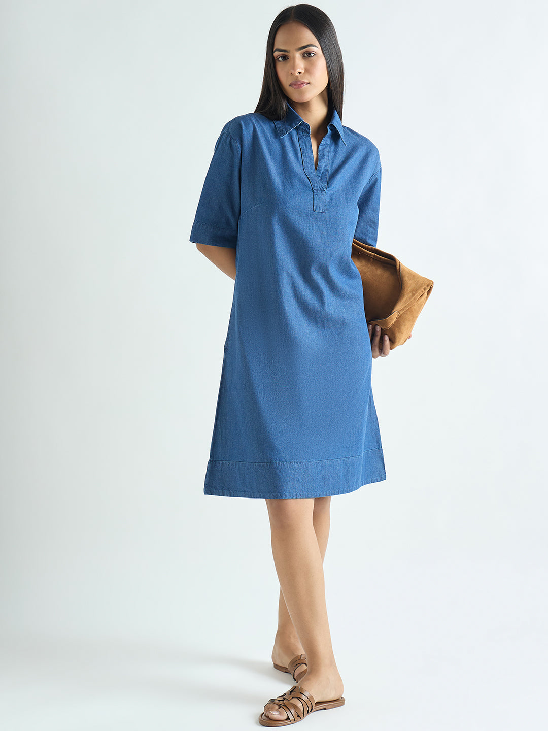 Navy Blue Denim Knee Length Dress