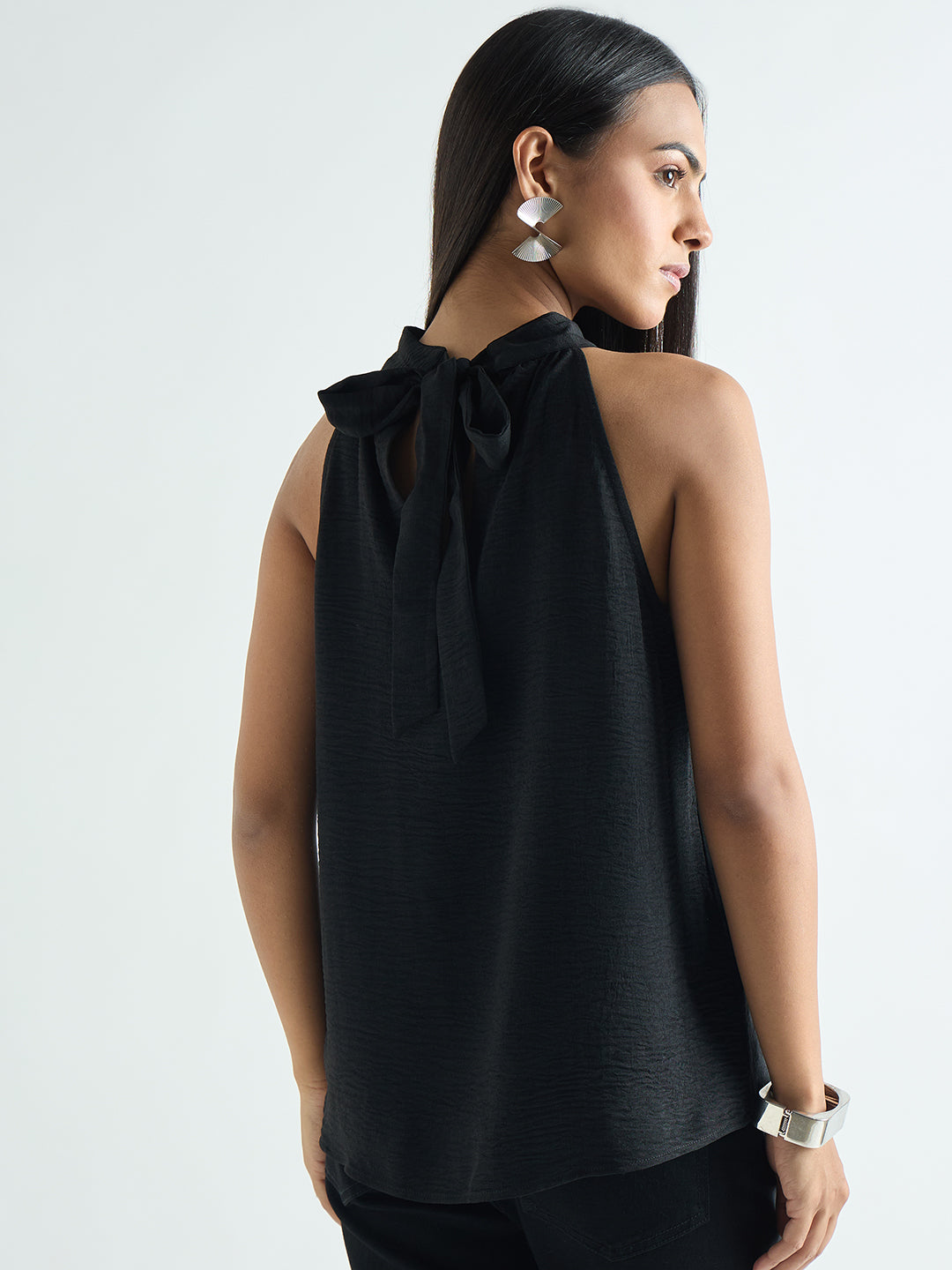 Black Halter Neck Back Tie Detail Top