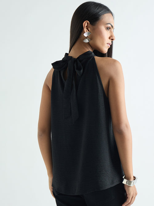 Black Halter Neck Back Tie Detail Top