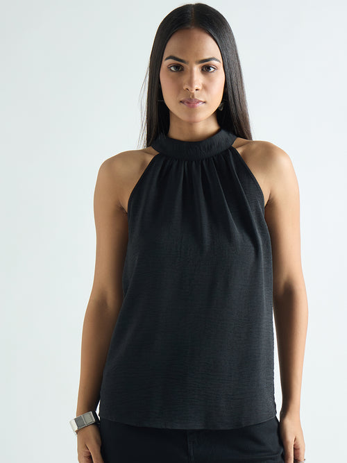 Black Halter Neck Back Tie Detail Top