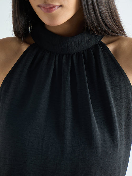 Black Halter Neck Back Tie Detail Top
