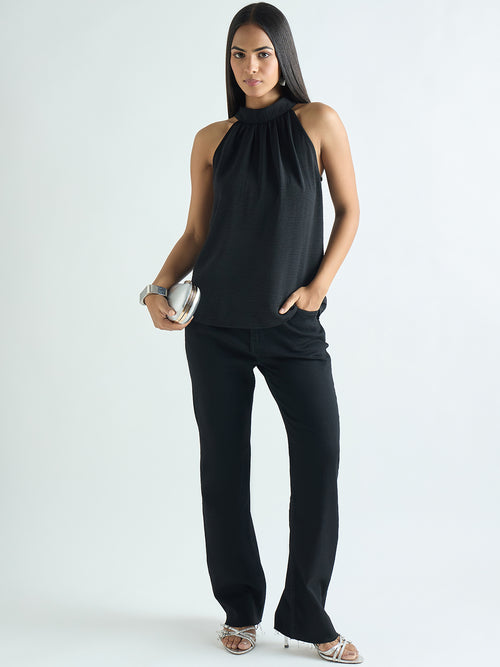 Black Halter Neck Back Tie Detail Top