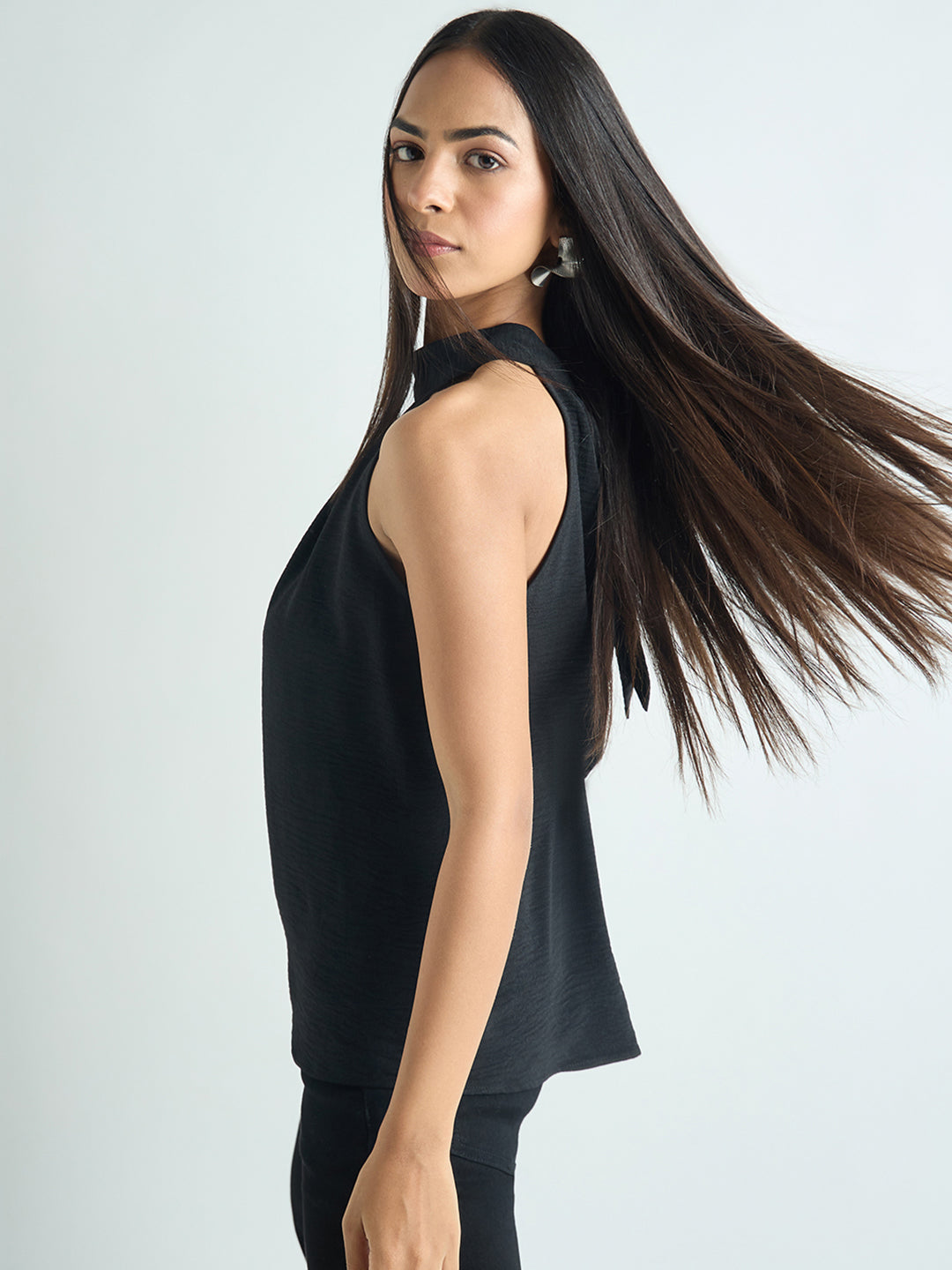 Black Halter Neck Back Tie Detail Top