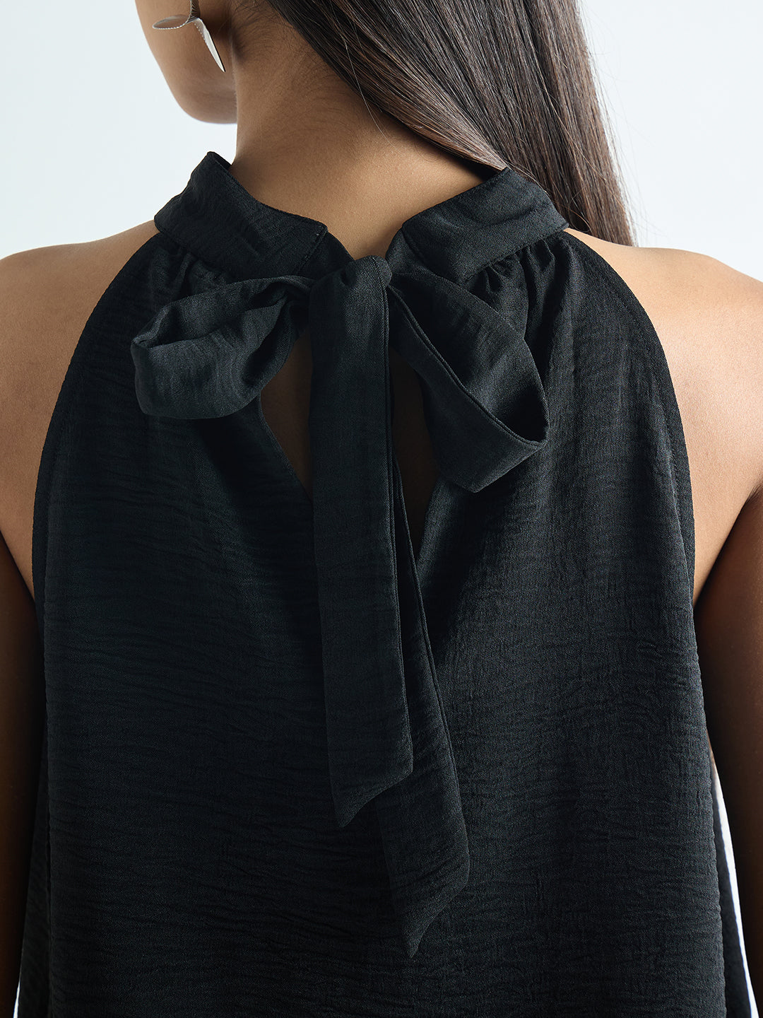 Black Halter Neck Back Tie Detail Top