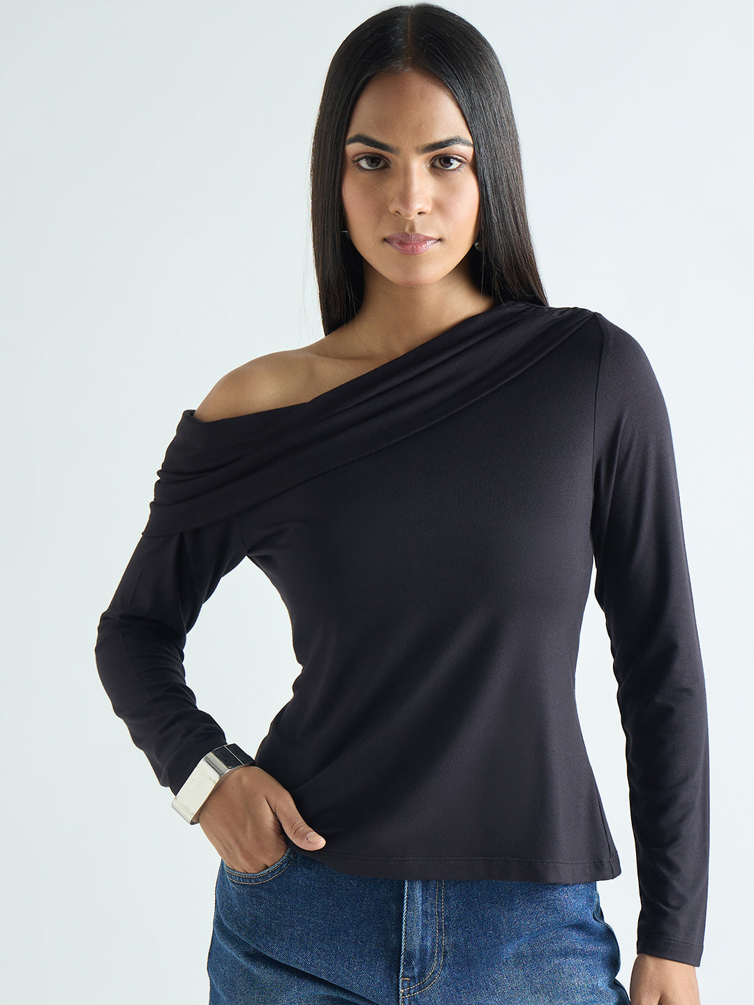 Bamboo Black Knit One Shoulder Top