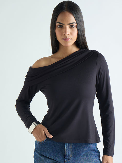 Bamboo Black Knit One Shoulder Top