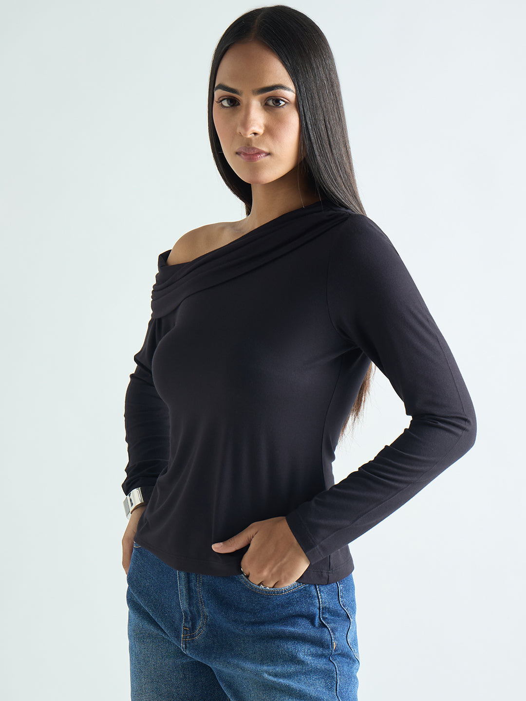 Bamboo Black Knit One Shoulder Top