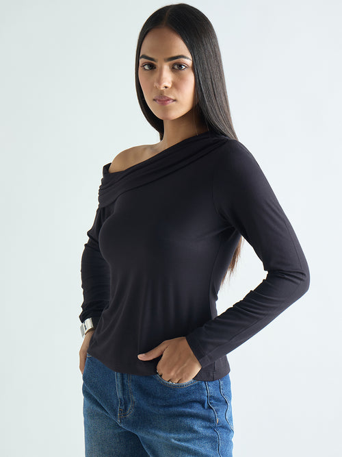 Bamboo Black Knit One Shoulder Top