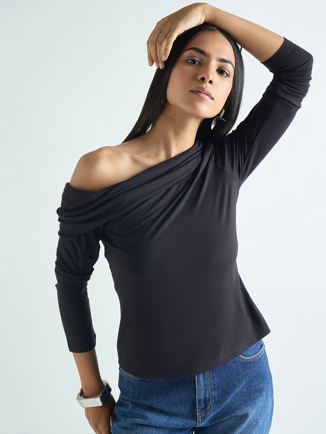 Bamboo Black Knit One Shoulder Top