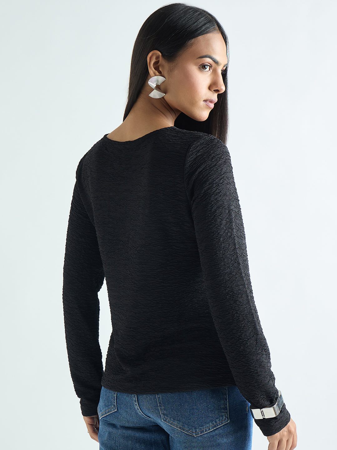 Black Textured Cut-Out Detail Top