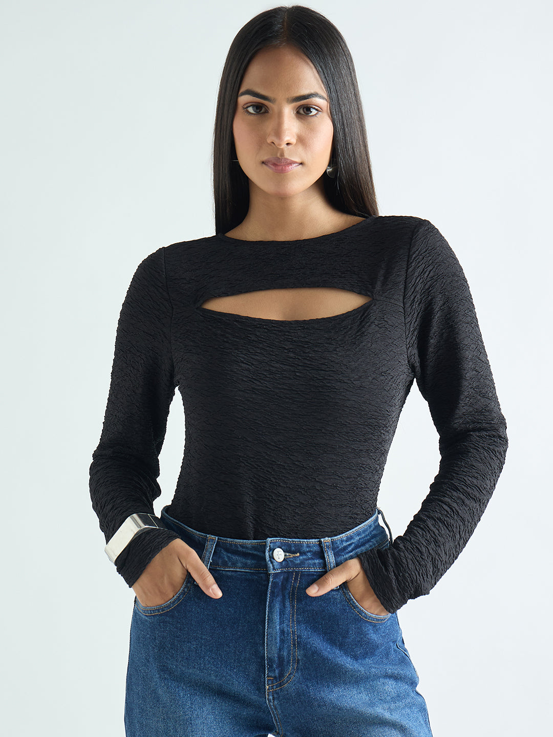 Black Textured Cut-Out Detail Top