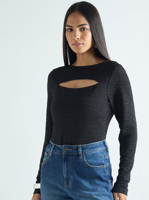 Black Textured Cut-Out Detail Top