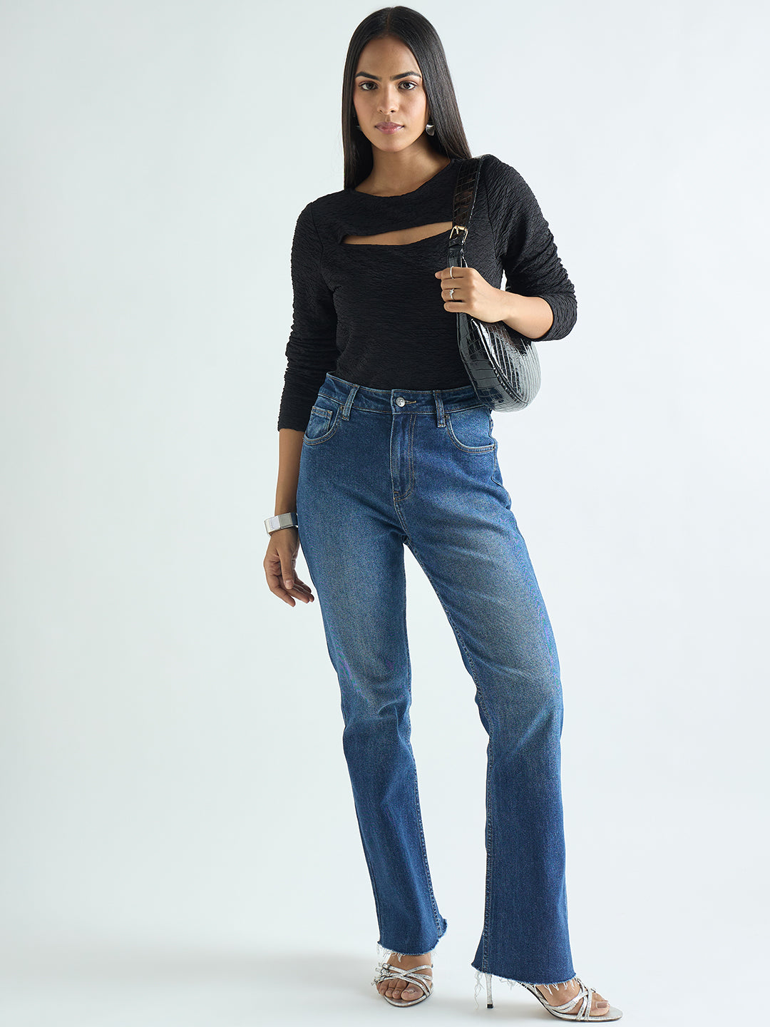 Black Textured Cut-Out Detail Top