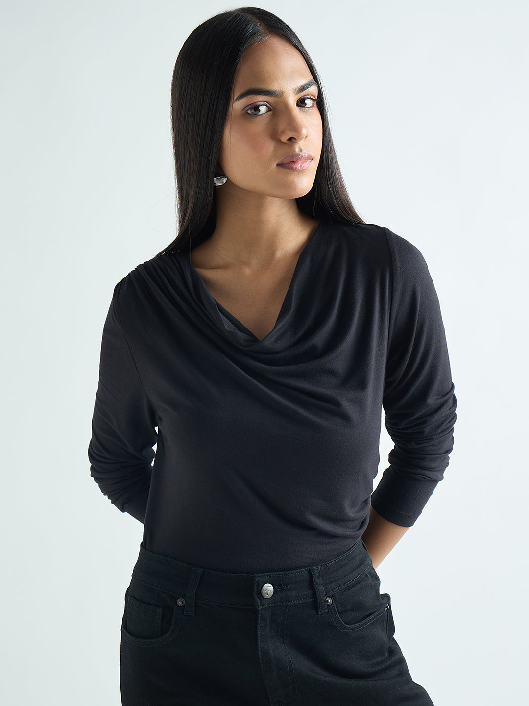Bamboo Black Cowl Neck Bodysuit
