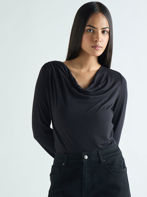 Bamboo Black Cowl Neck Bodysuit