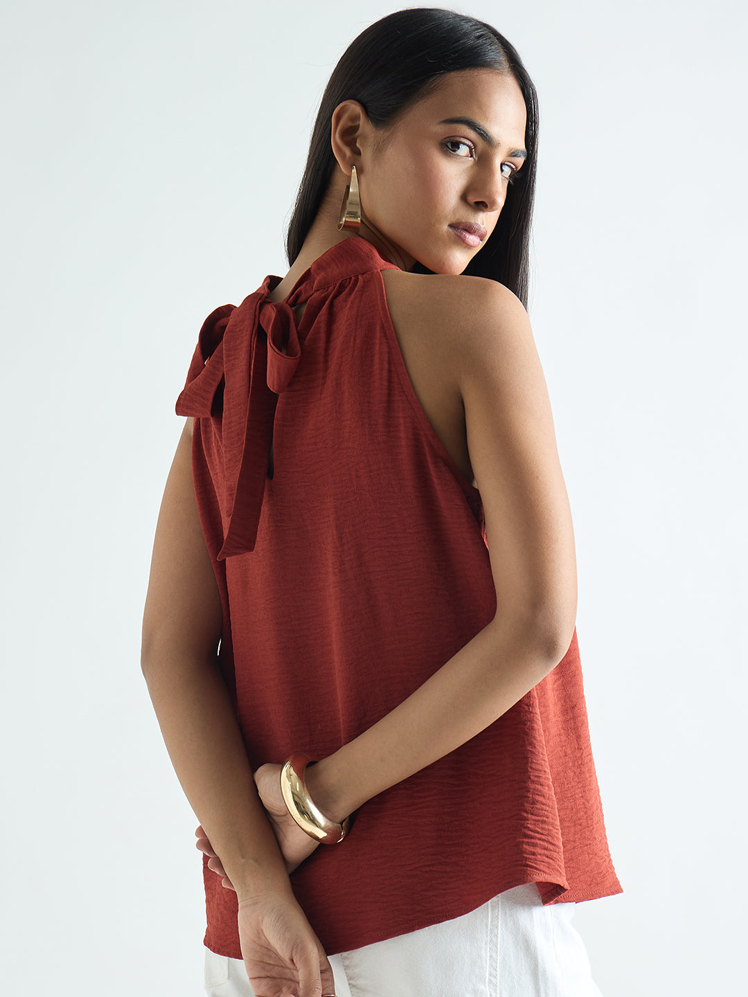 Rust Halter Neck Back Tie Detail Top