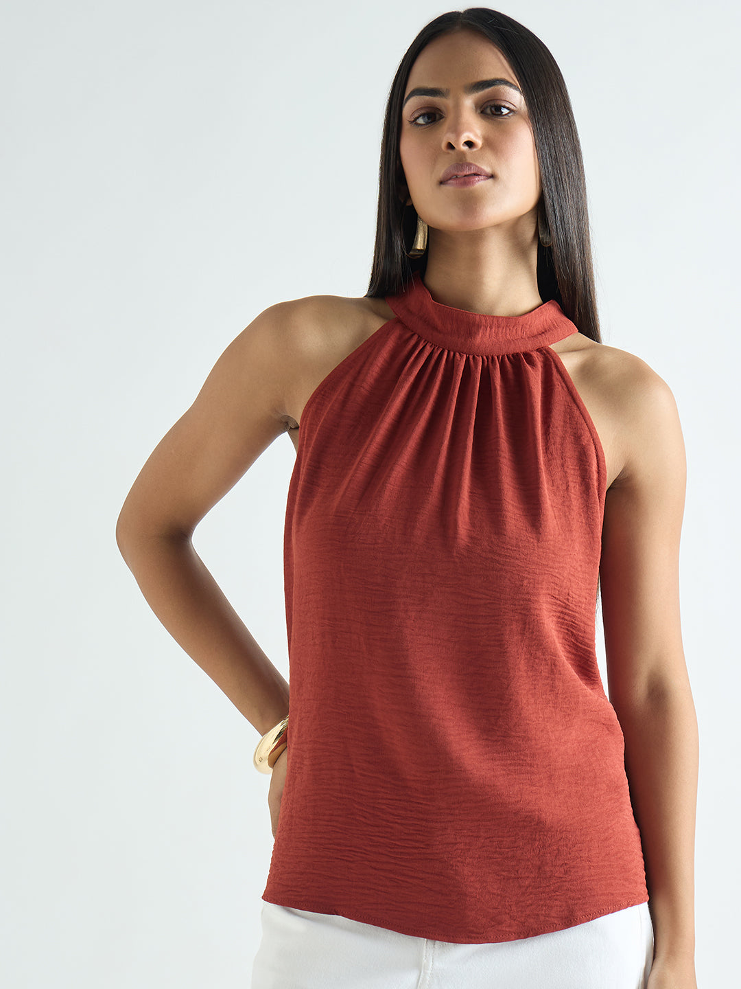 Rust Halter Neck Back Tie Detail Top