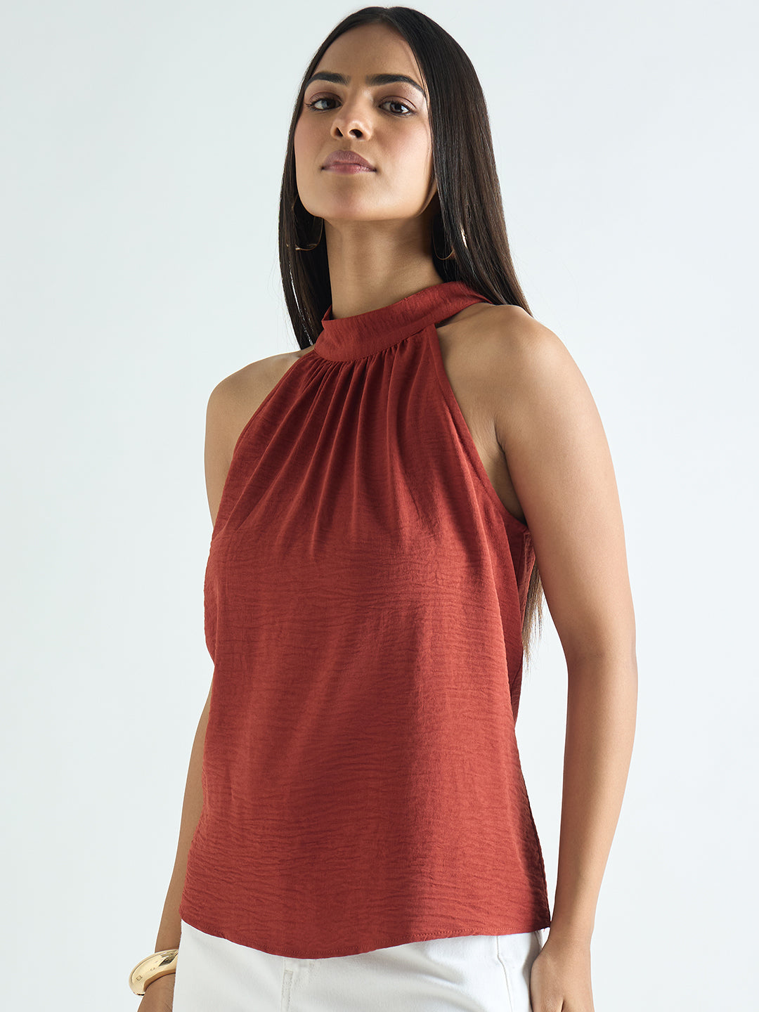 Rust Halter Neck Back Tie Detail Top