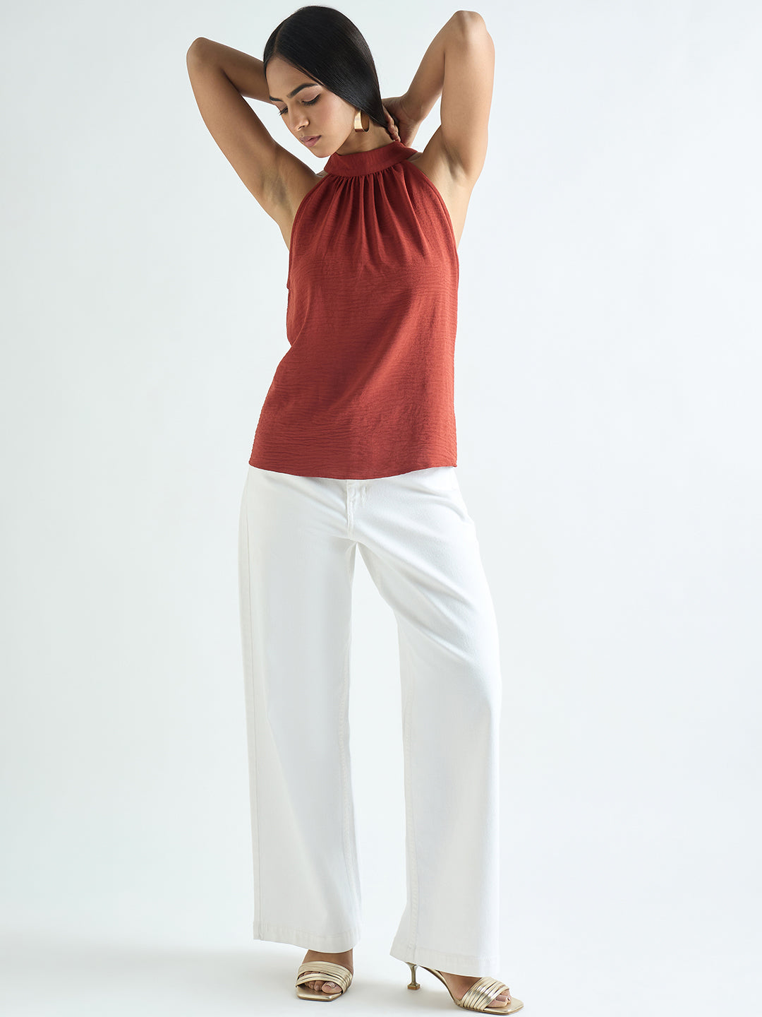 Rust Halter Neck Back Tie Detail Top