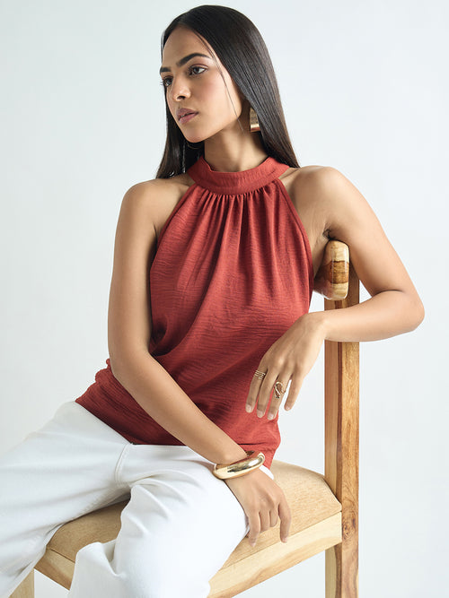 Rust Halter Neck Back Tie Detail Top