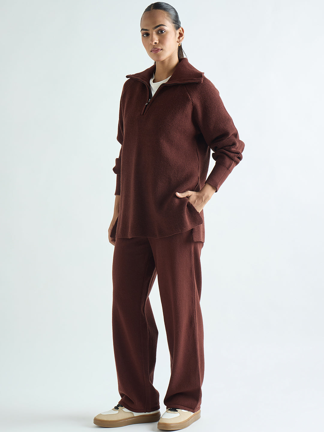 Coffee Brown Half Zipper Sweater Co-Ord