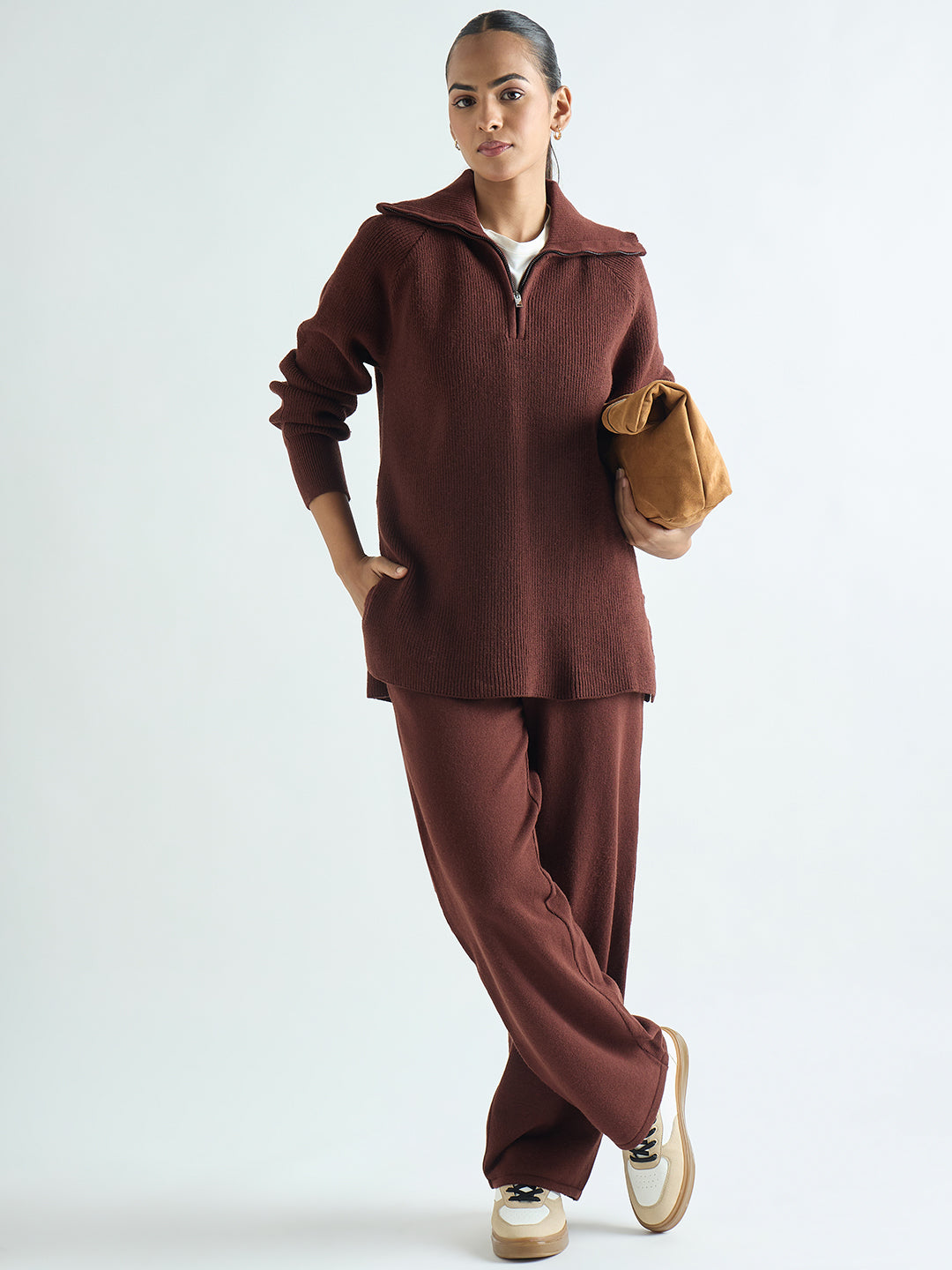 Coffee Brown Half Zipper Sweater Co-Ord