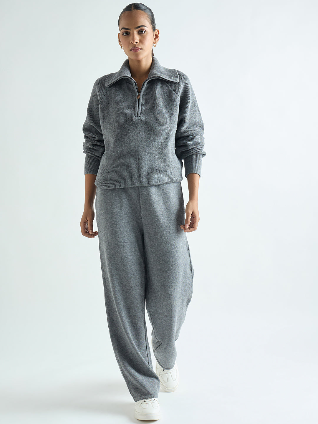 Grey Melange Half Zipper Sweater Co-Ord