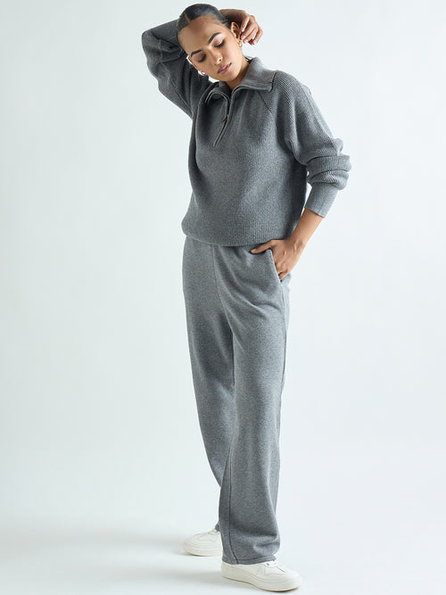 Grey Melange Half Zipper Sweater Co-Ord