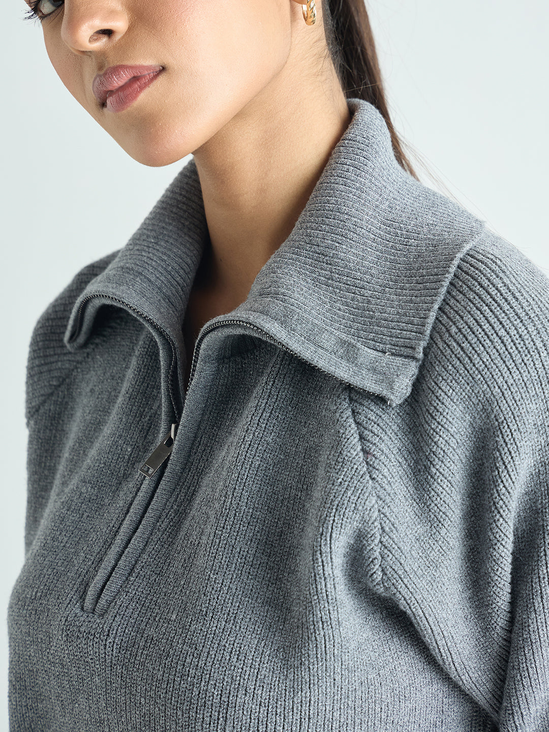 Grey Melange Half Zipper Sweater Co-Ord