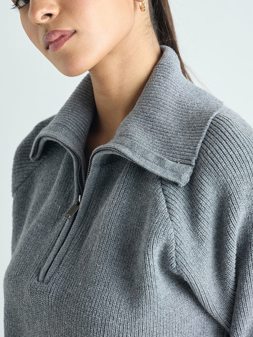 Grey Melange Half Zipper Sweater Co-Ord