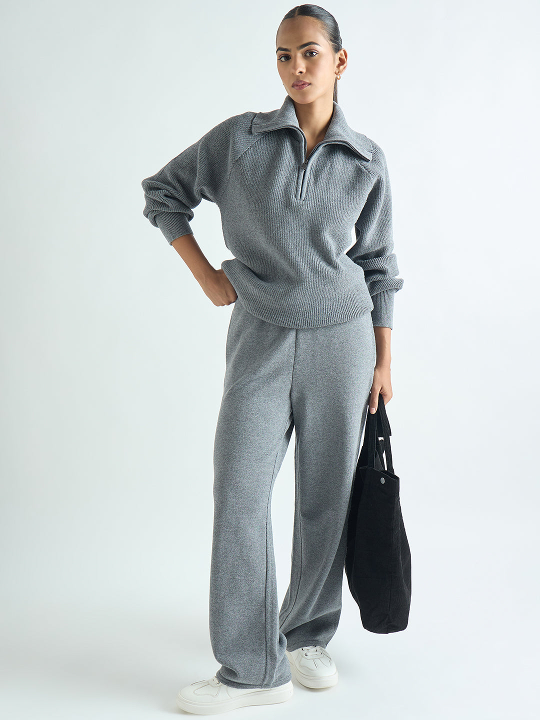 Grey Melange Half Zipper Sweater Co-Ord