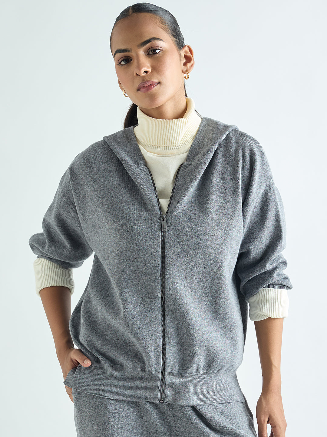 Grey Melange Zip-Up Hooded Sweater