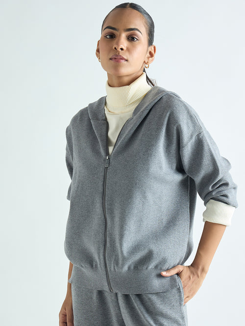 Grey Melange Zip-Up Hooded Sweater