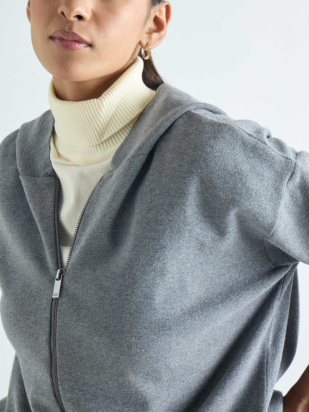 Grey Melange Zip-Up Hooded Sweater