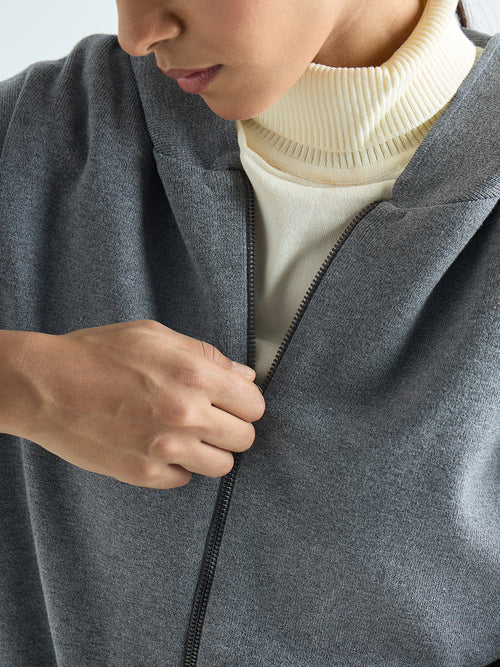 Grey Melange Zip-Up Hooded Sweater