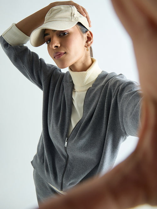 Grey Melange Zip-Up Hooded Sweater