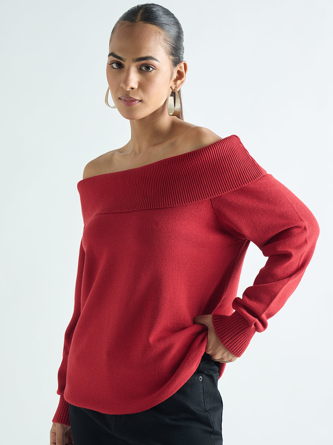 Red Color Rusher Shoulder Deep Red Off Shoulder Sweater