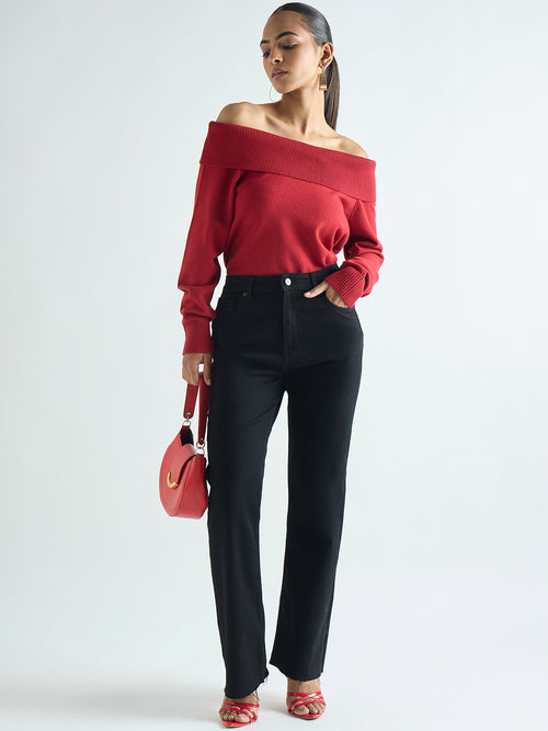 Deep Red Off Shoulder Sweater