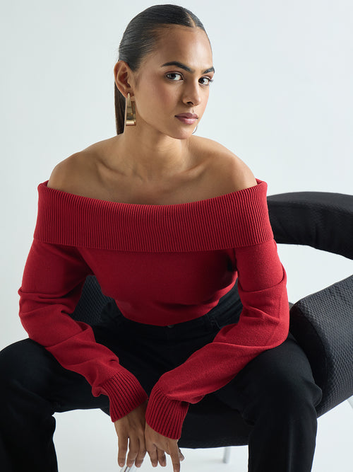 Deep Red Off Shoulder Sweater