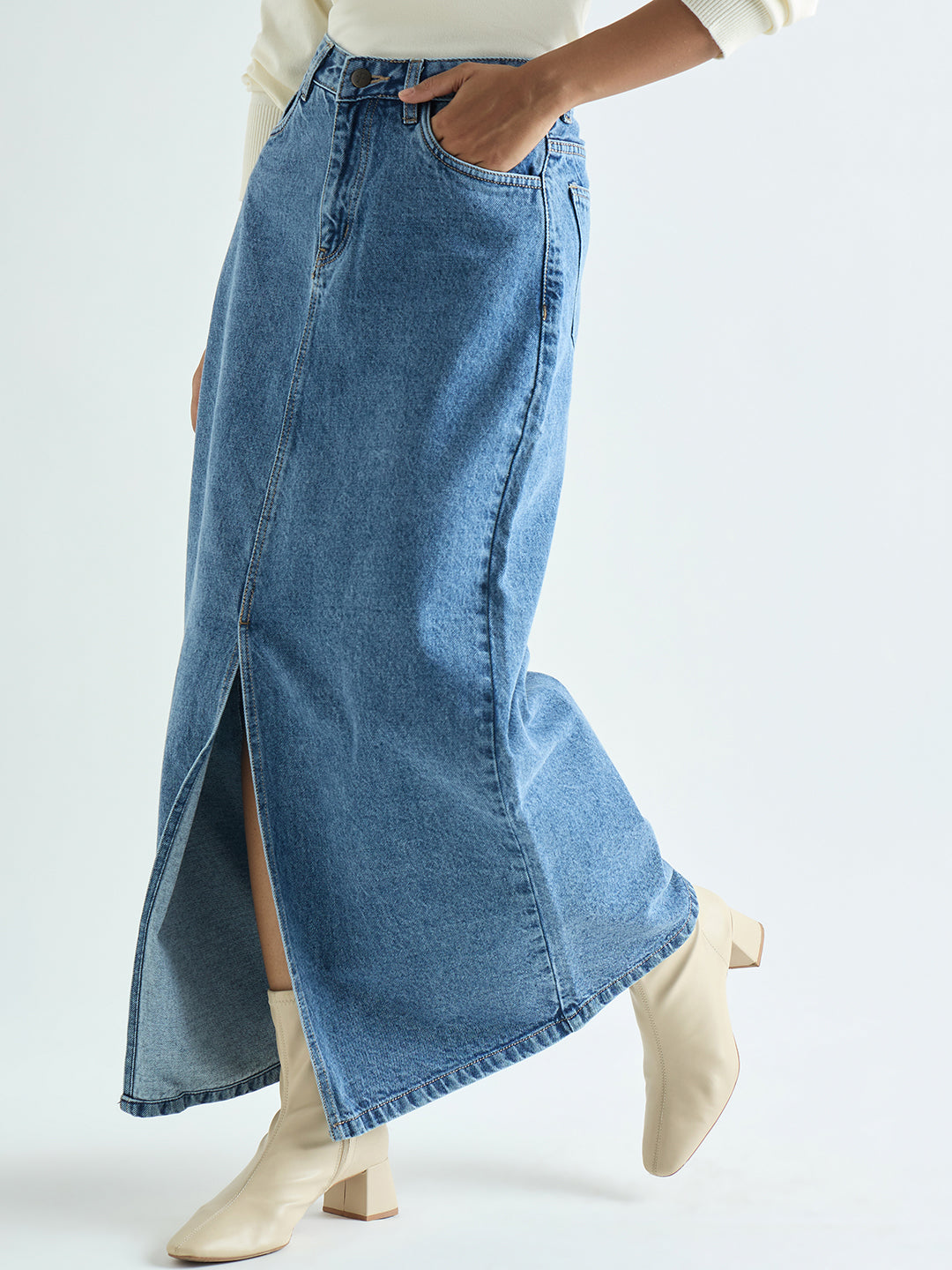 Mid-Blue Denim Maxi Skirt