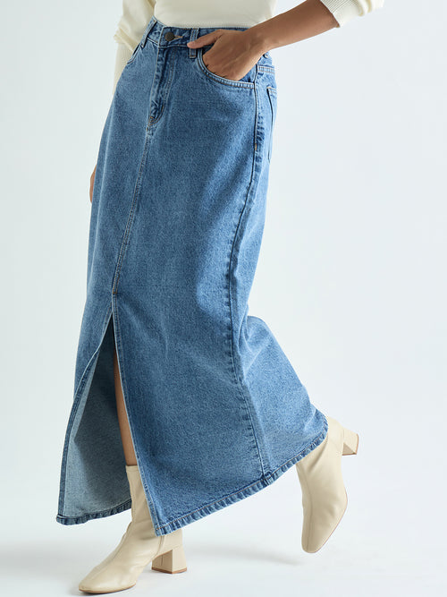 Mid-Blue Denim Maxi Skirt