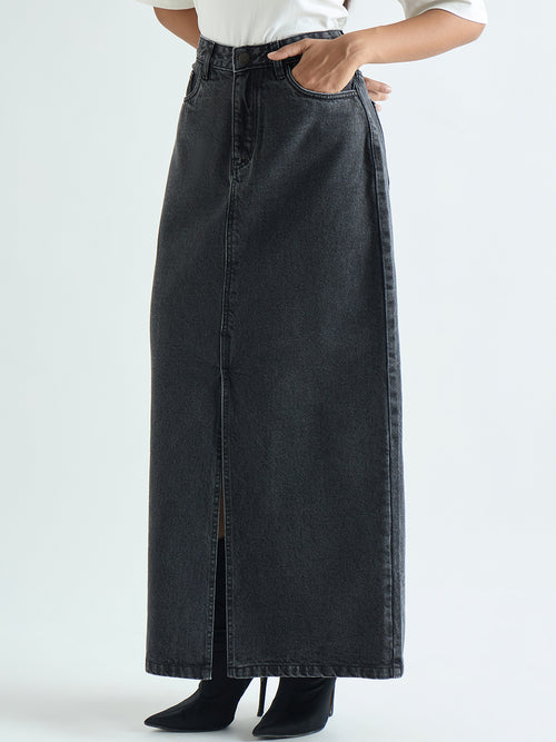 Charcoal Black Denim Maxi Skirt