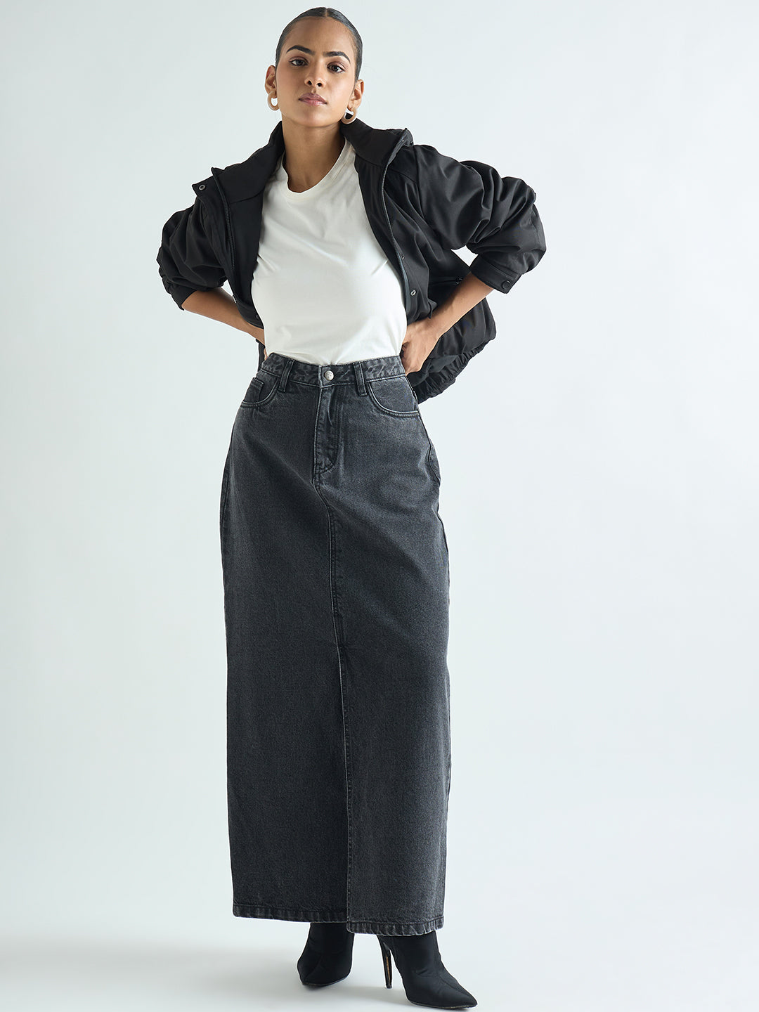 Charcoal Black Denim Maxi Skirt