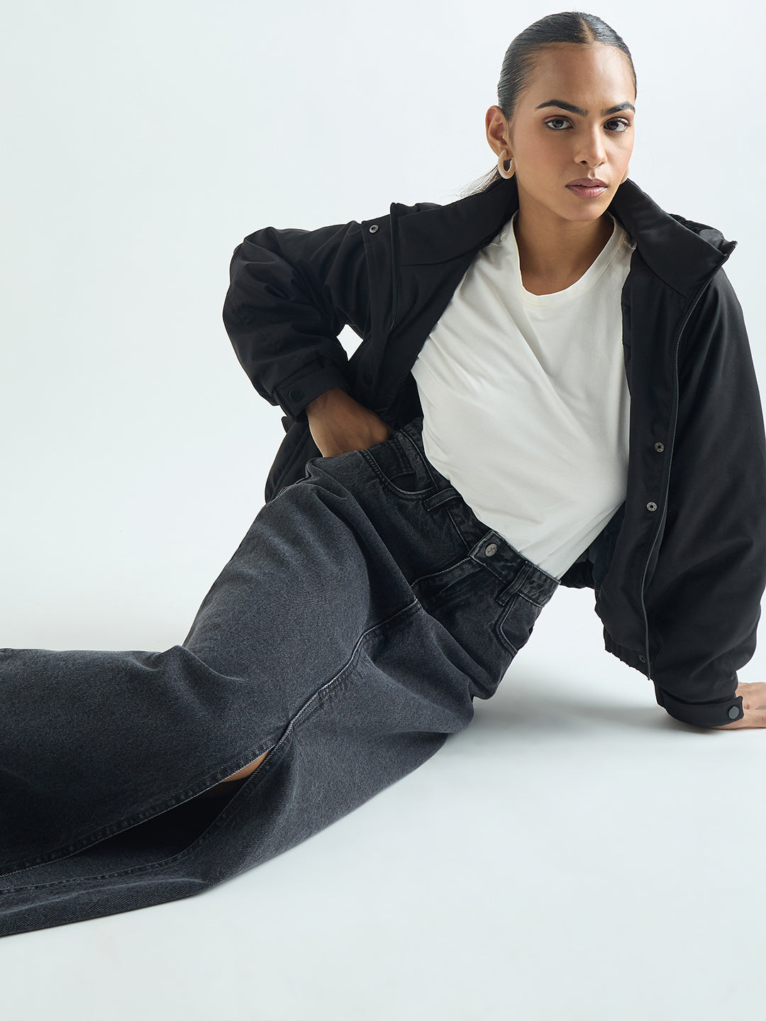 Charcoal Black Denim Maxi Skirt