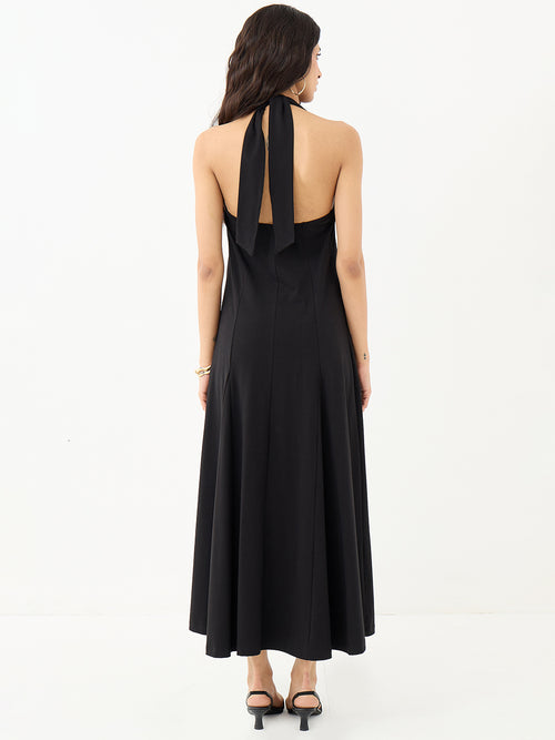Black Knit Tie-Up Neck Maxi Dress