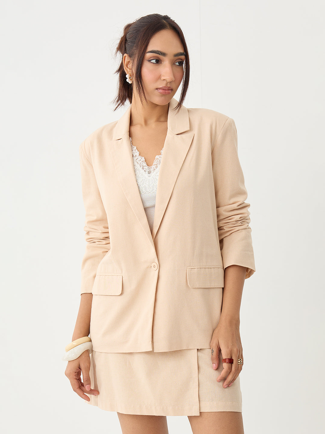 Beige Oversized Linen Blazer