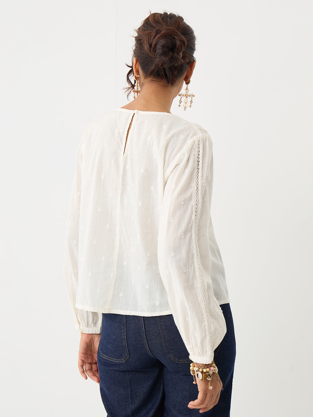 Off-White Lace Insert Pleated Front Top