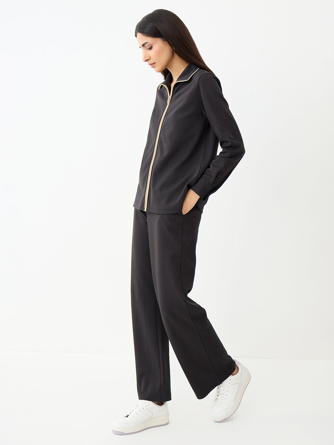 Black With Contrast Zipper Knit Co-Ord