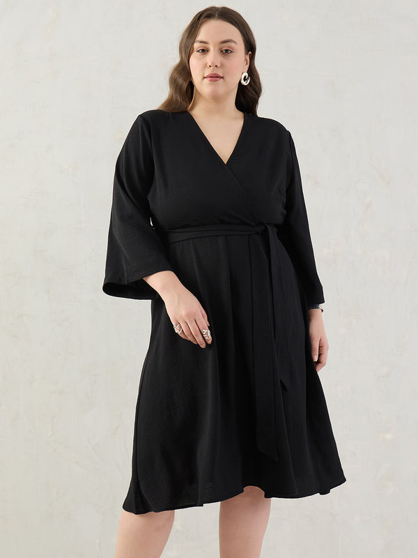 Women's Black Sleeveless Wrap Midi Dress with Tie-Up Waist