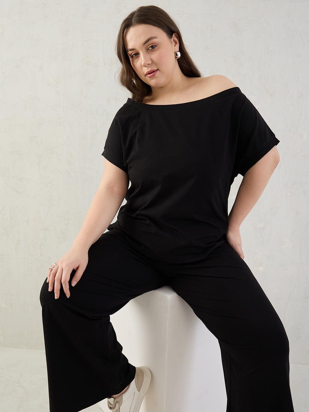 Black Cotton Knit One Shoulder Co-Ord Set